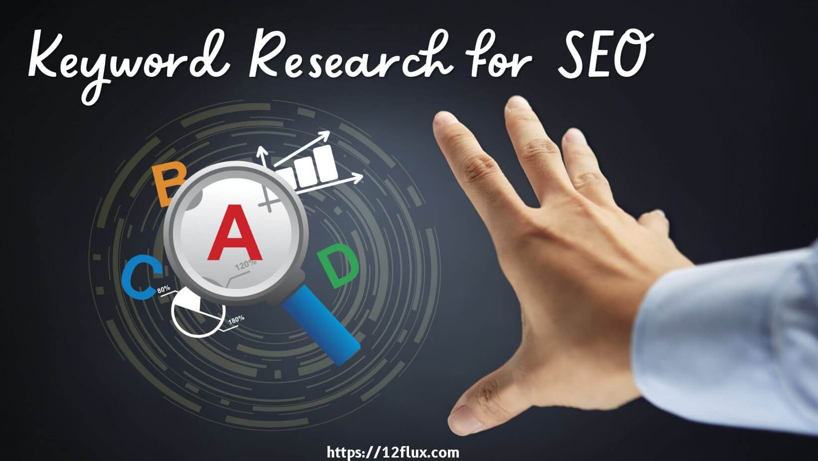 Illustration of a magnifying glass revealing Keyword Research for SEO